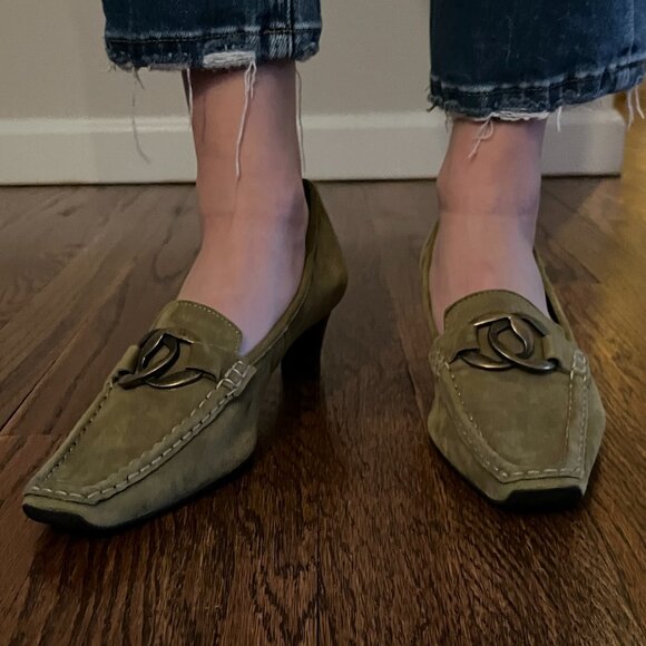 Hogl Vintage Suede Loafers in Olive Green Low Heel Women buckle Shoes Sz 9 - Picture 1 of 13